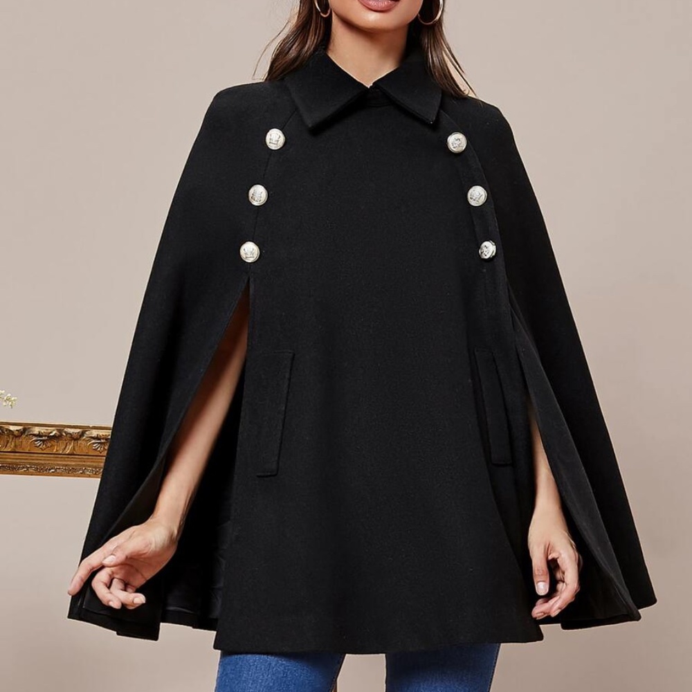 double breast button detail cape jacket black